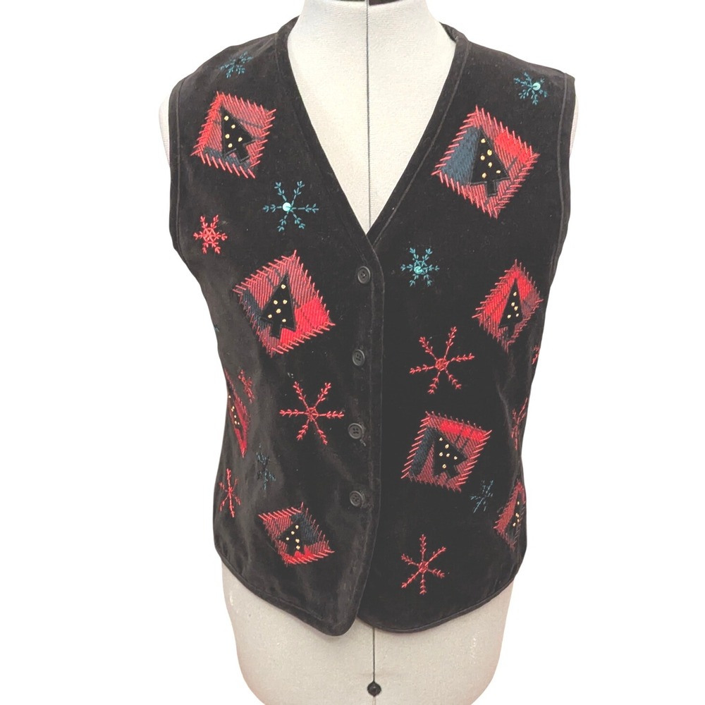 Talbots Holiday Velvet Vest Black Christmas Tree Snowflake Embroidered Small‎ S